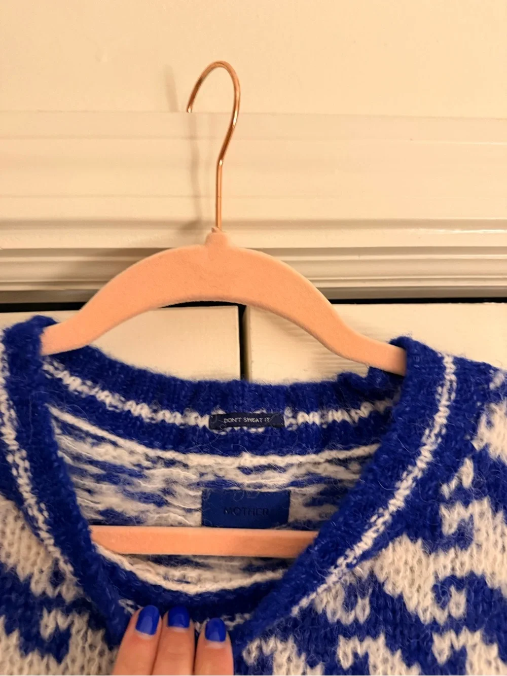 Women's Blue, White & Red Patterned Crew Sweater MOTHER DENIM MEDIUM - Picture 2 of 2